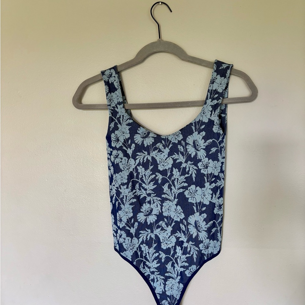 Free People Navy and Cream Floral Bodysuit